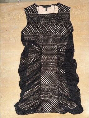 BCBGMAXAZRIA Renee Mesh Lace Overlay Dress L Black Beige Lined Stretch